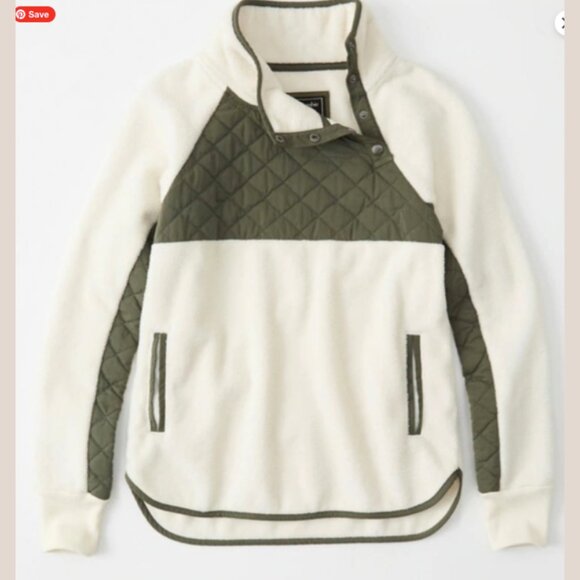 Abercrombie & Fitch Asymmetrical Snap Button Fleece Olive Green Cream Medium - Picture 2 of 6